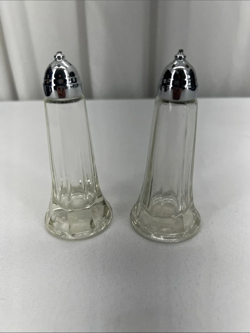 Clear Glass Salt and Pepper Shakers Metal Silver Color Tops Paneled Luxury Style